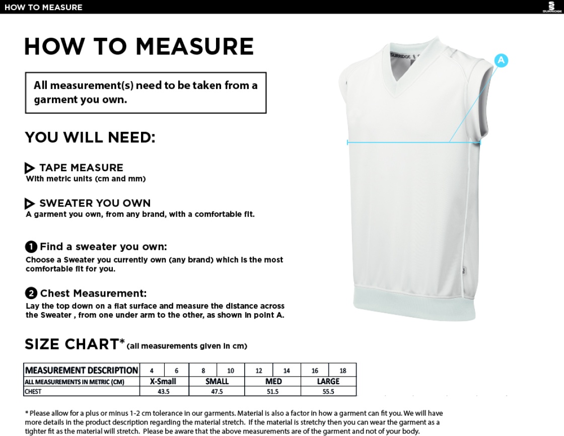 Chipping CC Blast Sleeveless Women's Cricket Sweater - Size Guide