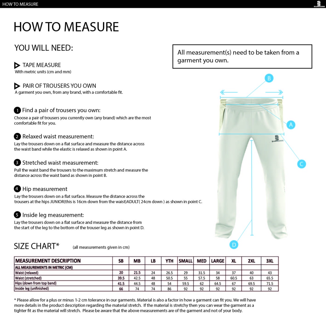 Chipping CC - Standard Fit Cricket Trousers - Size Guide