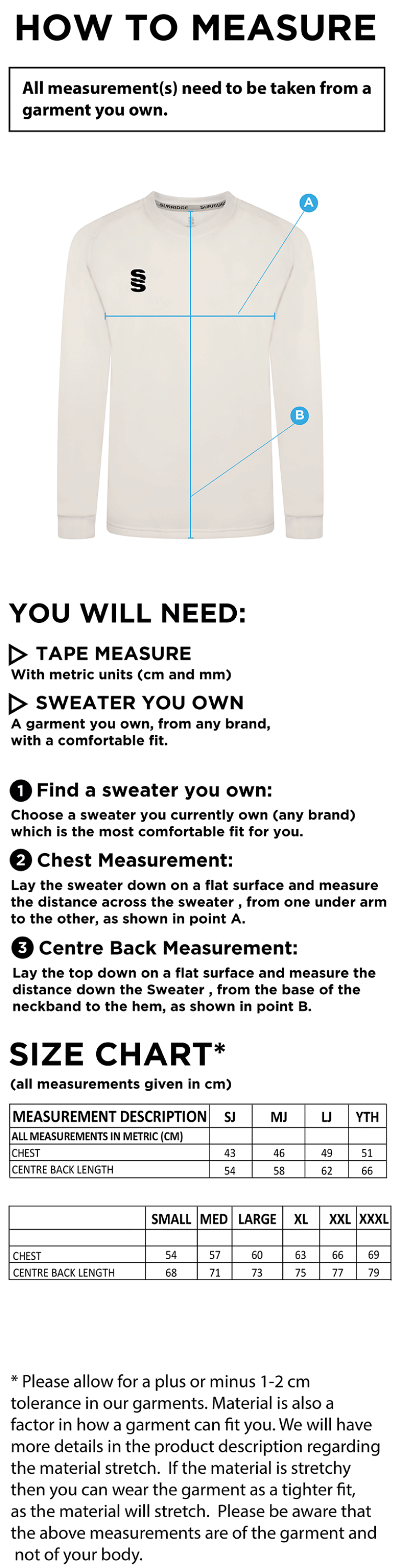 Chipping CC Blast Long Sleeve Cricket Sweater - Size Guide