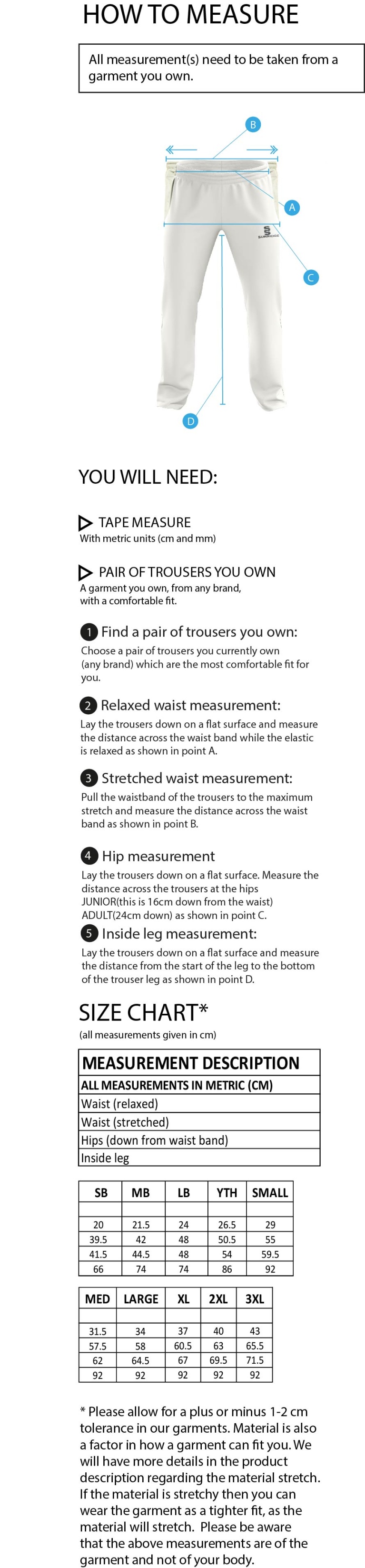 Chipping CC - Standard Fit Cricket Trousers - Size Guide