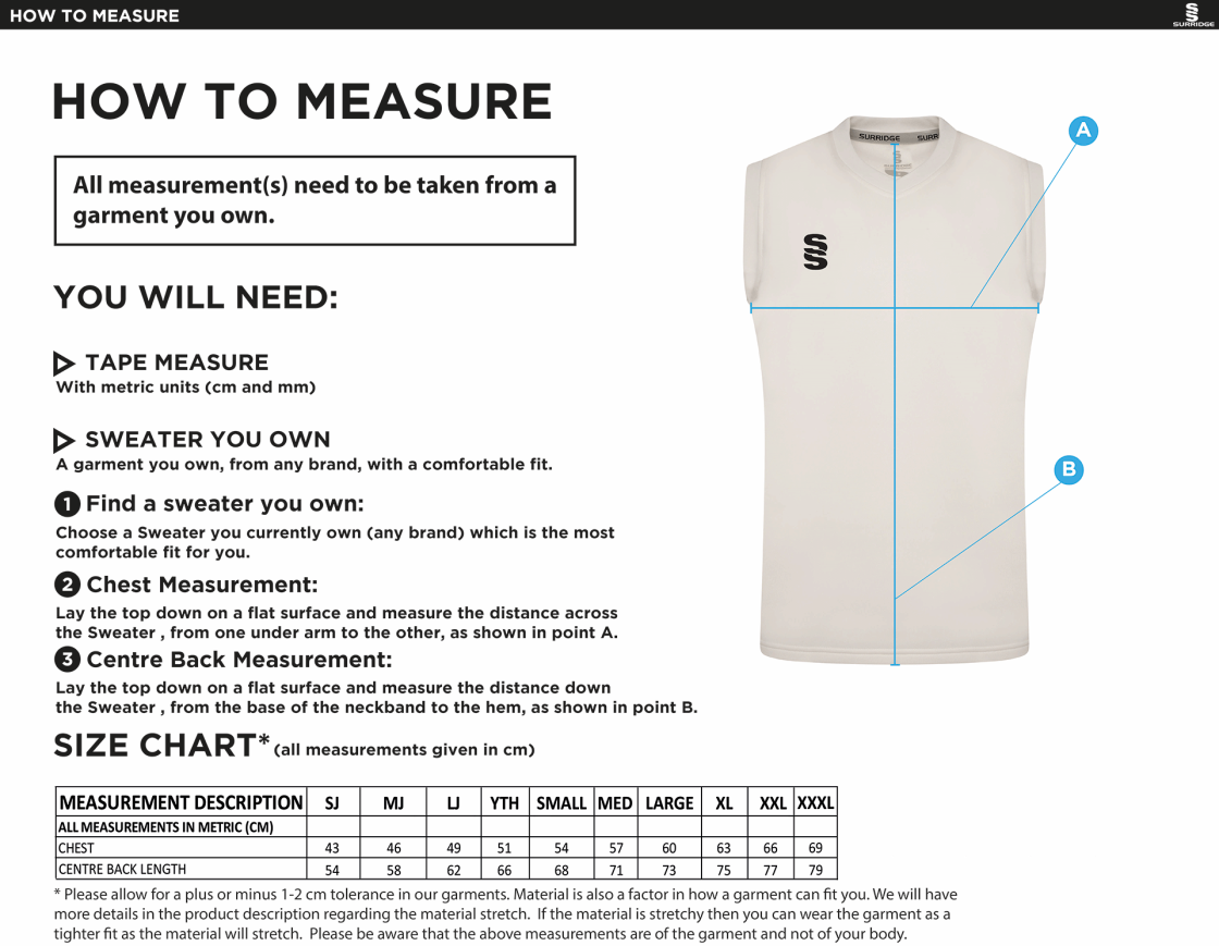 Chipping CC Blast Sleeveless Cricket Sweater - Size Guide