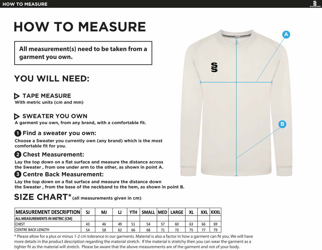 Chipping CC Blast Long Sleeve Cricket Sweater - Size Guide