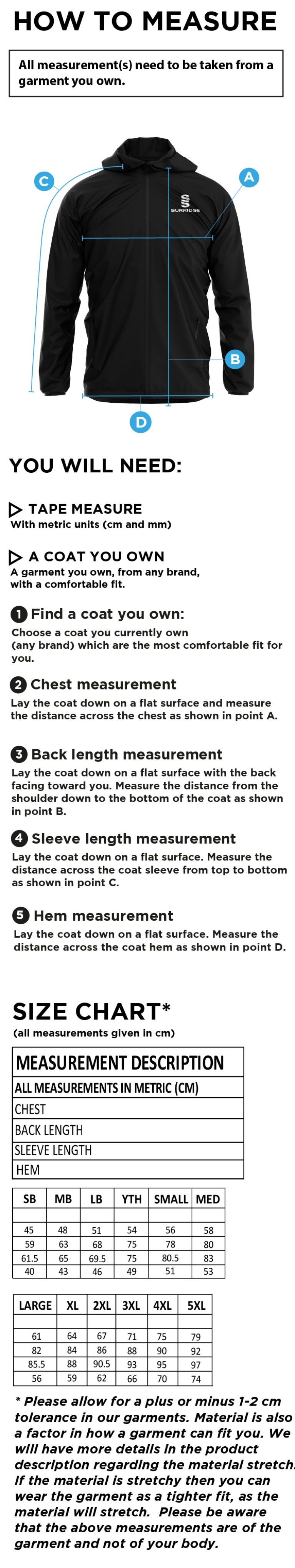 Chipping CC - Training Jacket - Size Guide