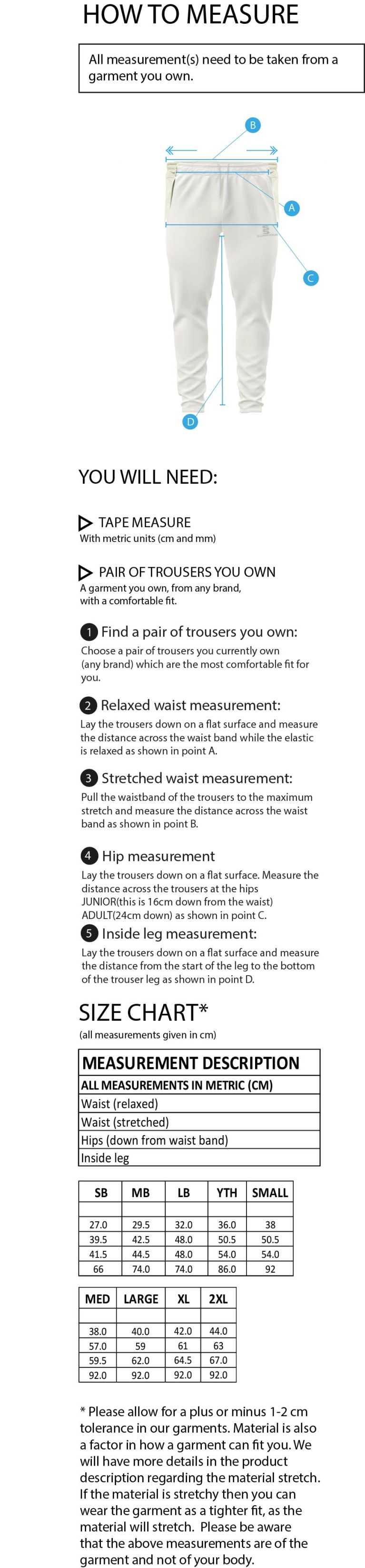 Chipping CC - Coloured Cricket Trousers - Size Guide