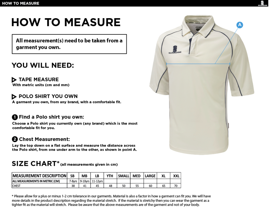 Chipping CC - Dual 3/4 Sleeve Playing Shirt - Size Guide