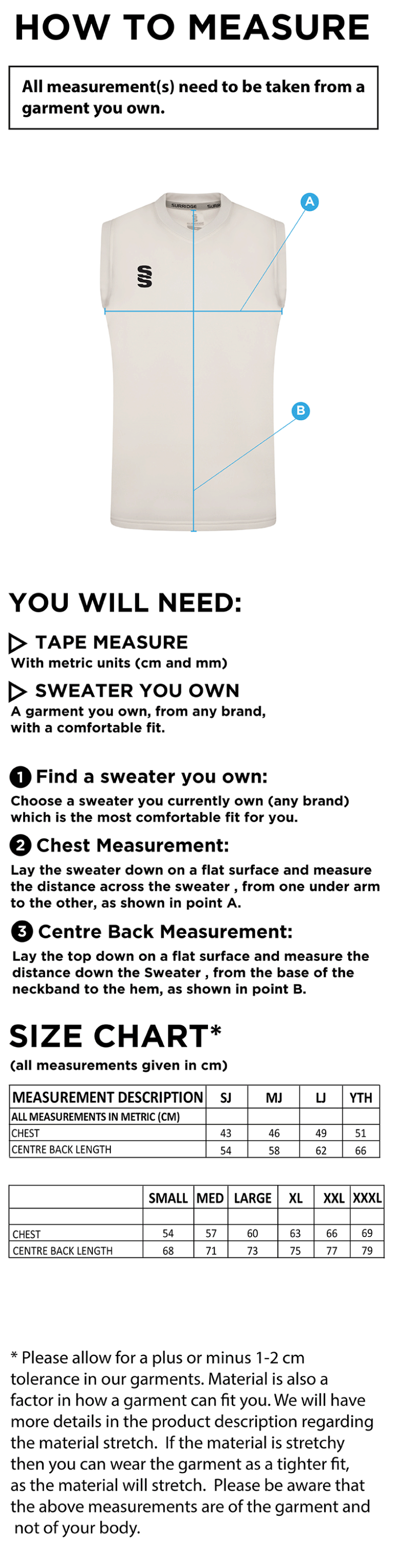 Chipping CC Blast Sleeveless Cricket Sweater - Size Guide