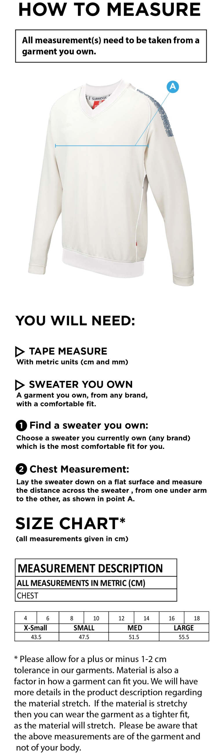 Chipping CC Blast Long Sleeve Women's Cricket Sweater - Size Guide