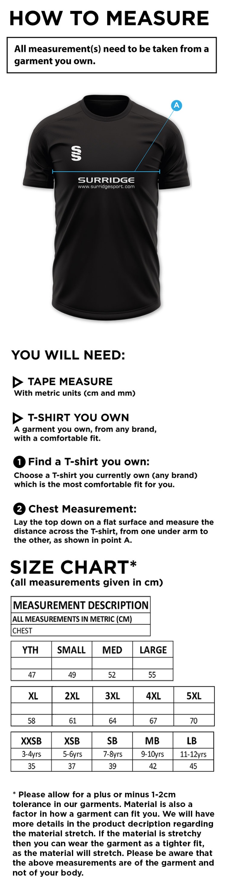 Chipping CC - Dual Gym T-shirt - Size Guide