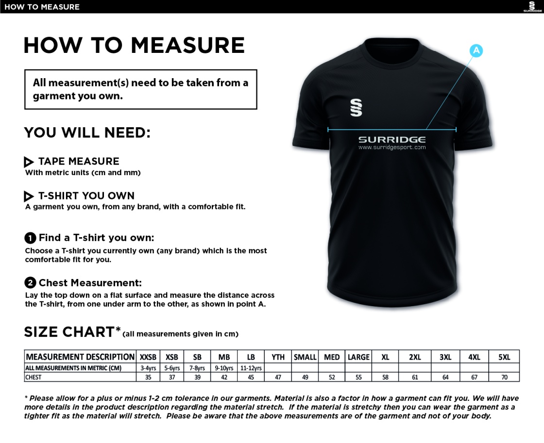 Chipping CC - Dual Gym T-shirt - Size Guide