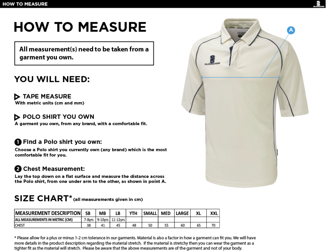 Chipping CC - Dual 3/4 Sleeve Playing Shirt - Size Guide
