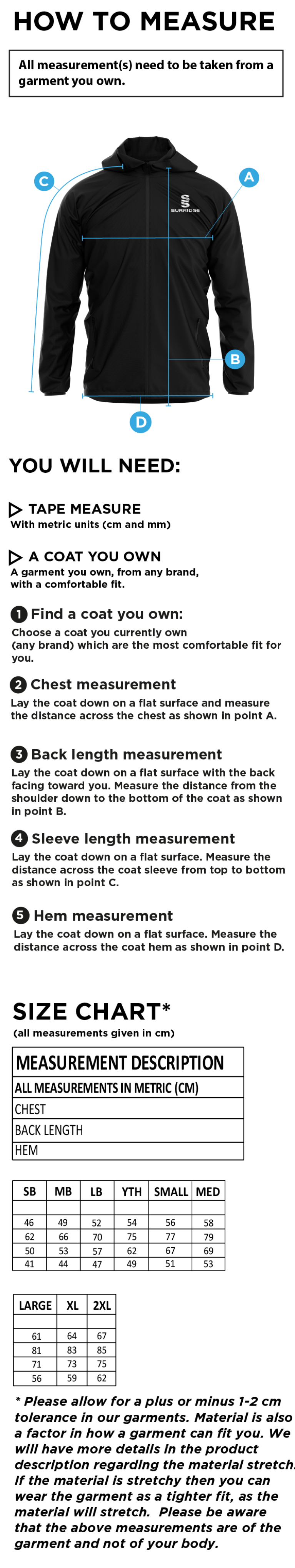 Chipping CC - Training Jacket - Size Guide