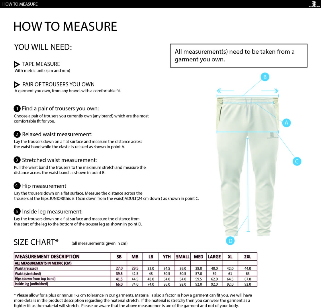 Chipping CC - Tapered Fit Cricket Trousers - Size Guide