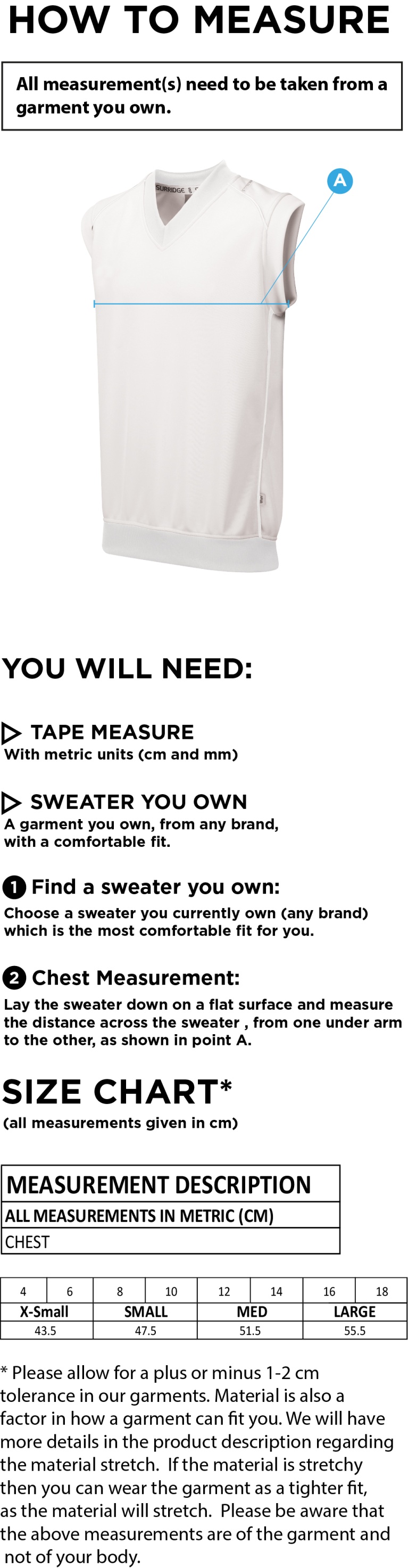 Chipping CC Blast Sleeveless Women's Cricket Sweater - Size Guide