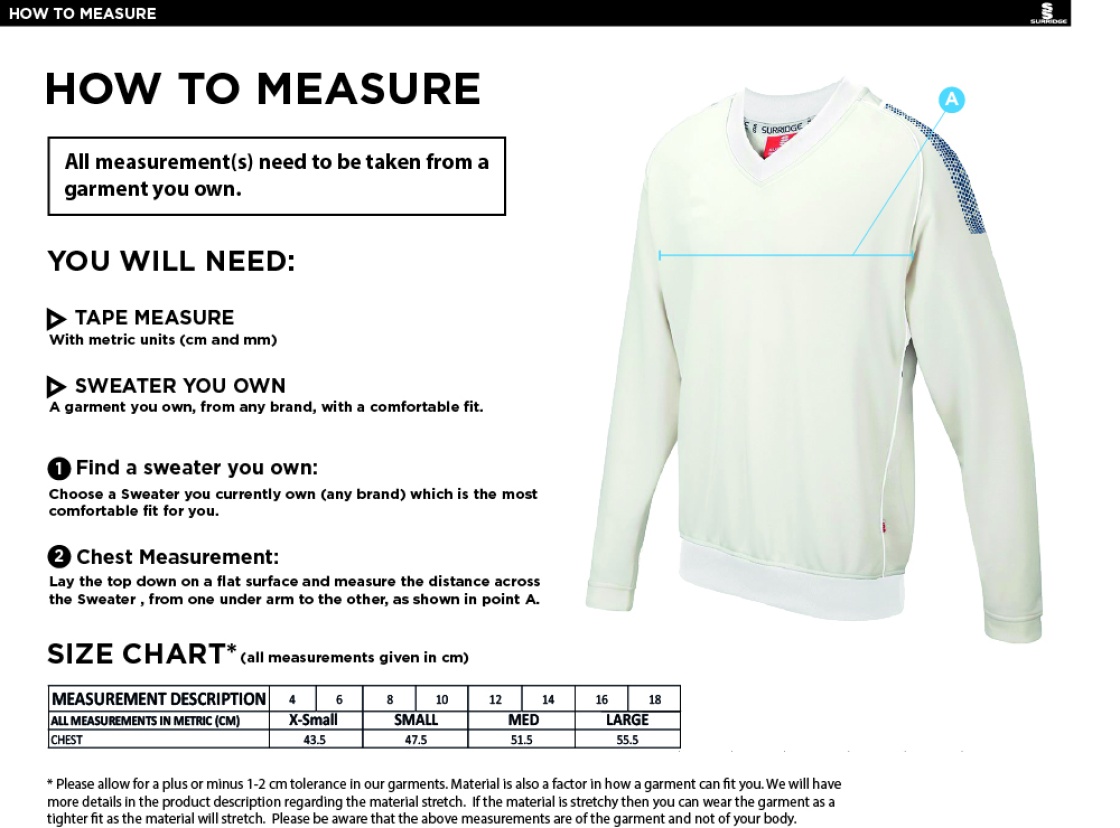 Chipping CC Blast Long Sleeve Women's Cricket Sweater - Size Guide