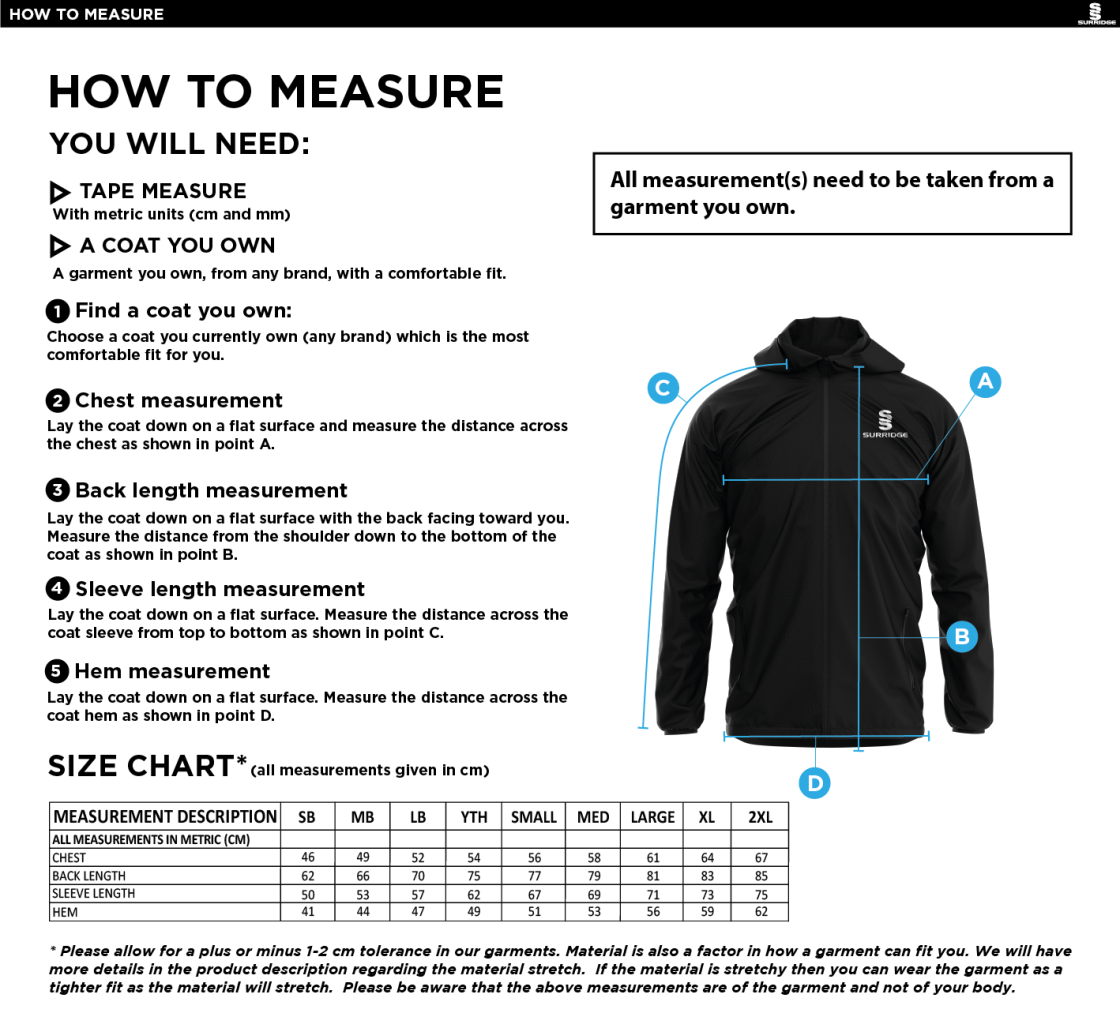 Chipping CC - Training Jacket - Size Guide